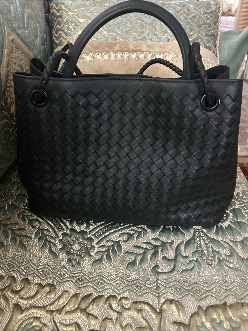 Quince Black Woven Leather Tote with Braided Shoulder Straps - Picture 9 of 16